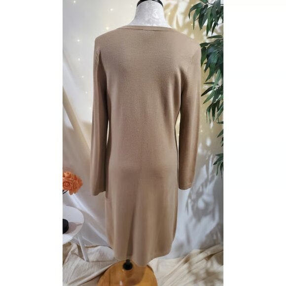 Talbots 100% Merino Wool Shoulder Button Accent Midi Sweater Dress Size L Tan - Picture 3 of 6